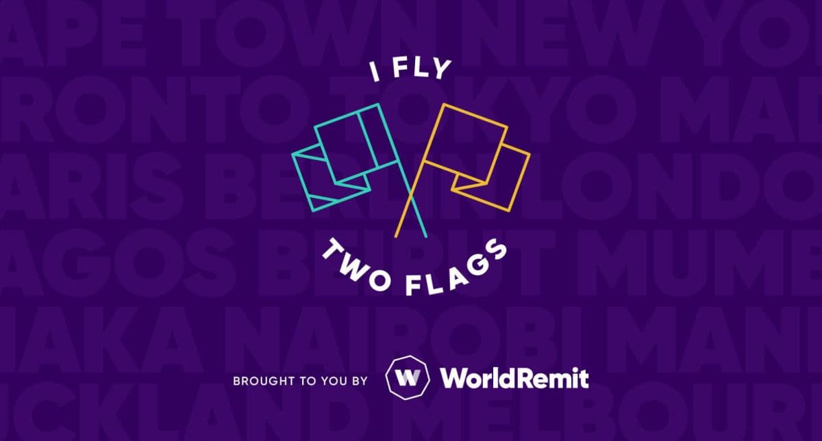 A purple banner with the words 'I Fly Two Flags' on